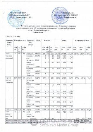        Четырехнедельное меню блюд для организации бесплатного питания отдельных категорий обучающихся в организациях среднего образования за счет бюдж